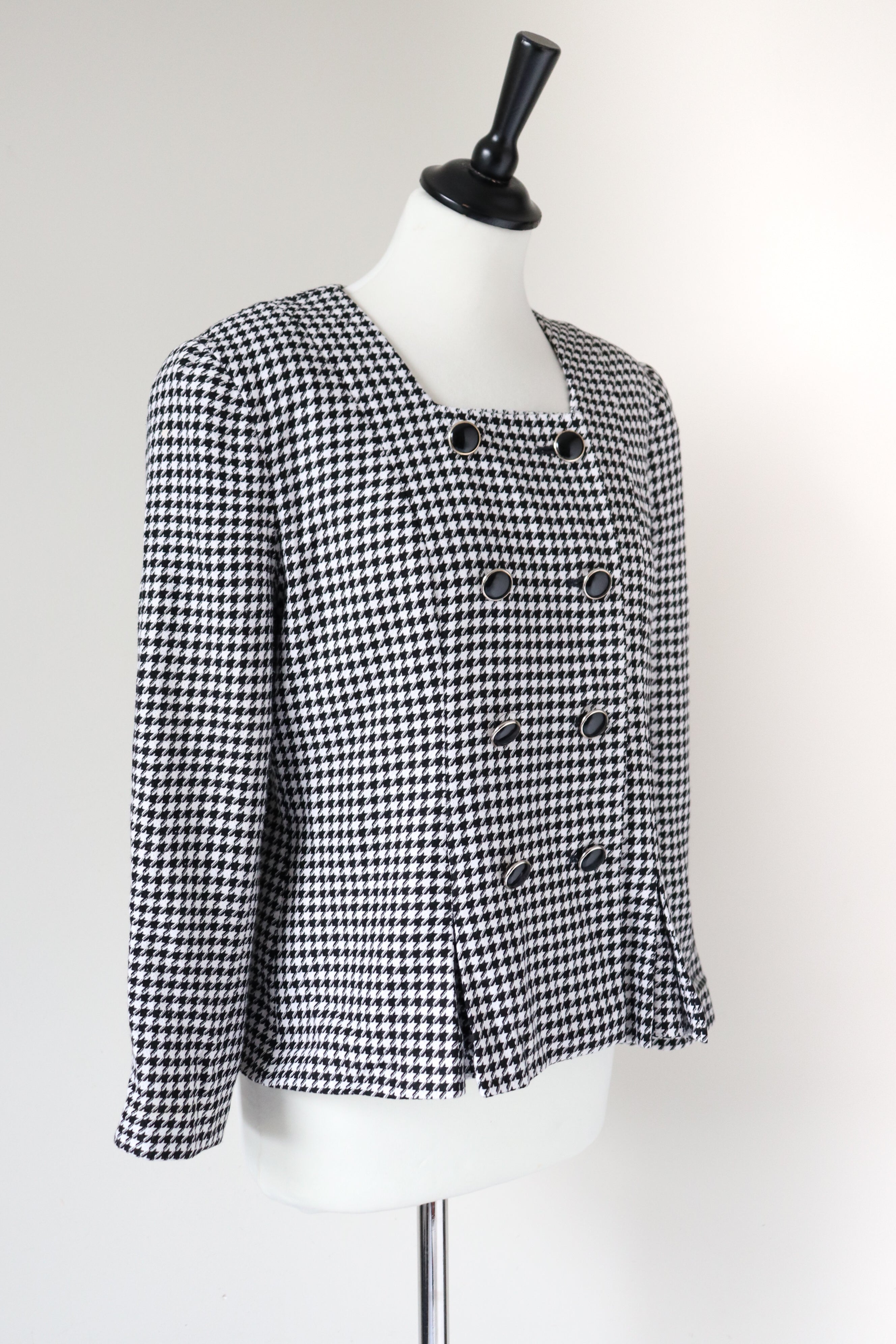 Michelle Stuart Collarless Houndstooth Jacket - Black / White - Vintage - M / UK 12