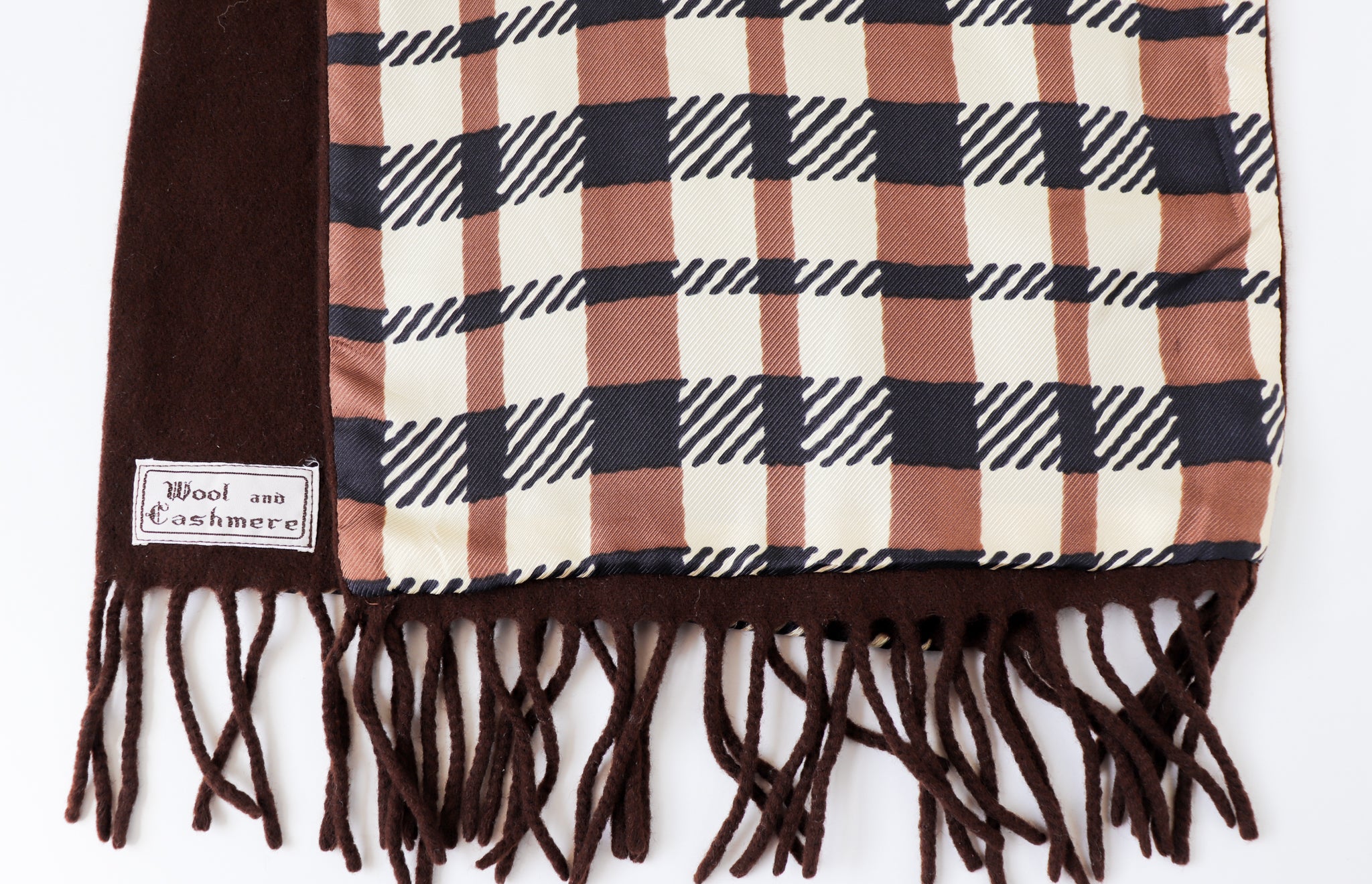 Mens Vintage Silk / Wool / Cashmere Scarf - Cream Brown Checked Print - LONG