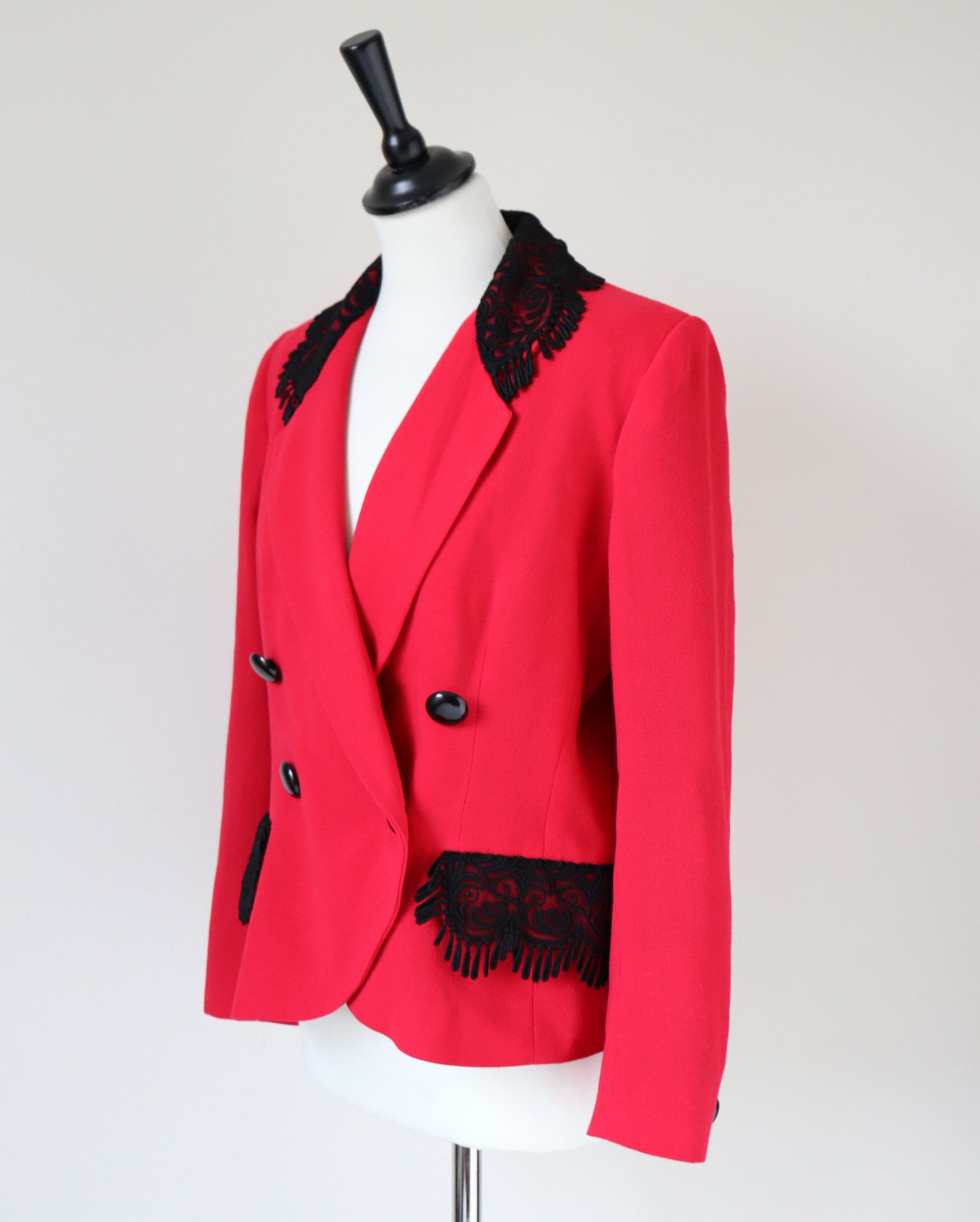 Red 1990s Fitted Jacket - Red Crepe - Vintage - M / UK 12