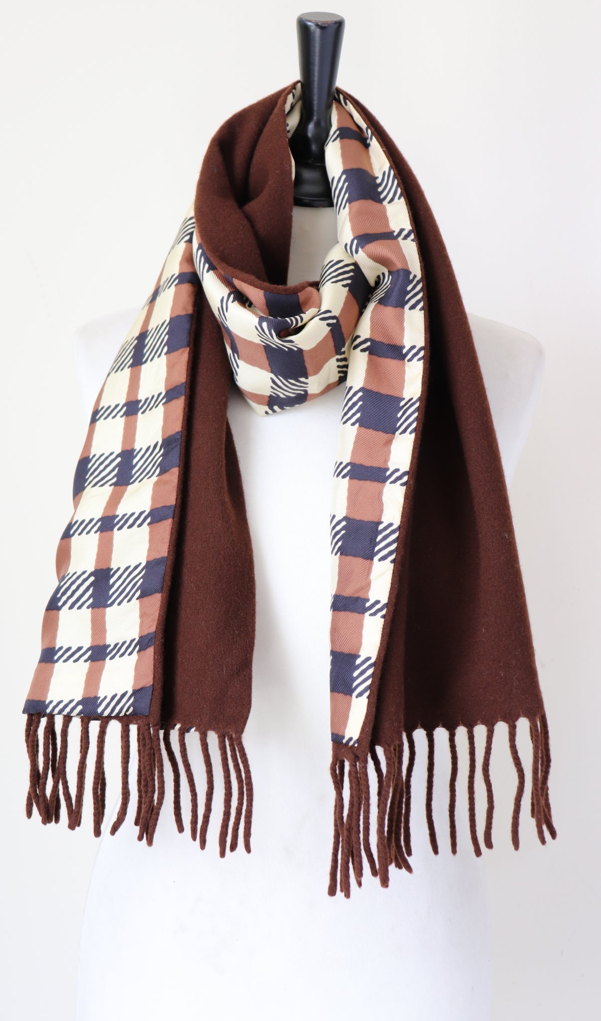 Mens Vintage Silk / Wool / Cashmere Scarf - Cream Brown Checked Print - LONG