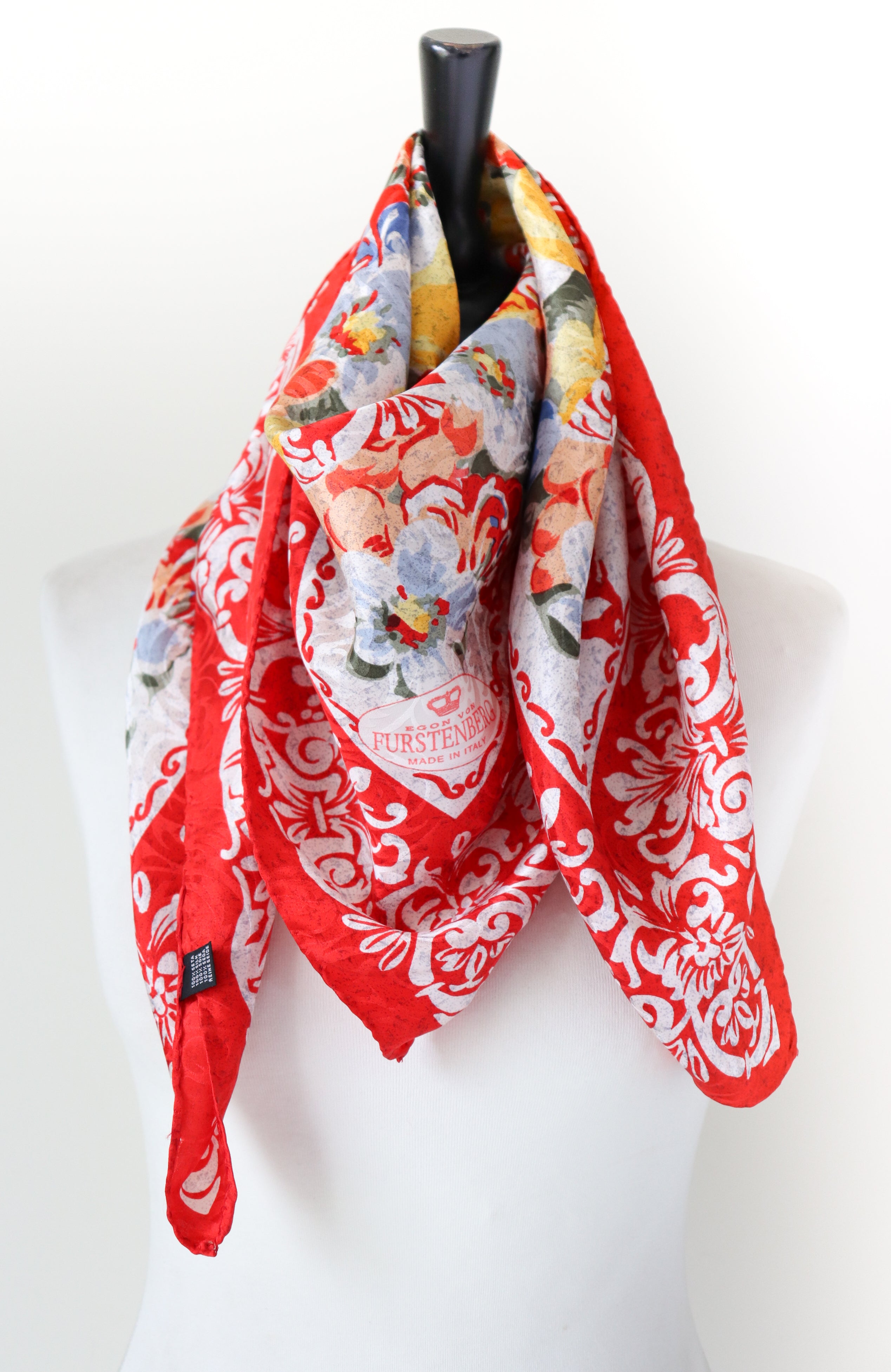 Egon von Furstenberg Silk Scarf - Red  Floral   -  LARGE