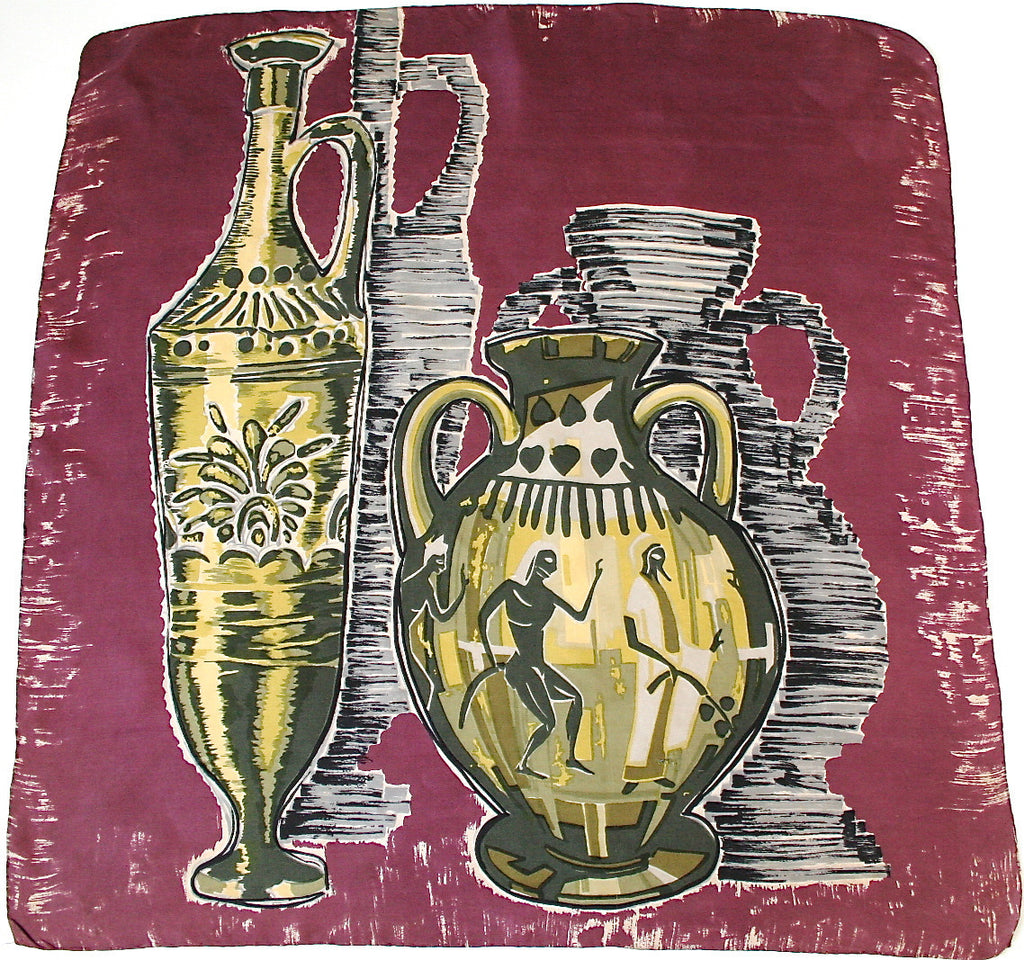 50s brushstroke 'Vases and Vessels' print vintage silk scarf