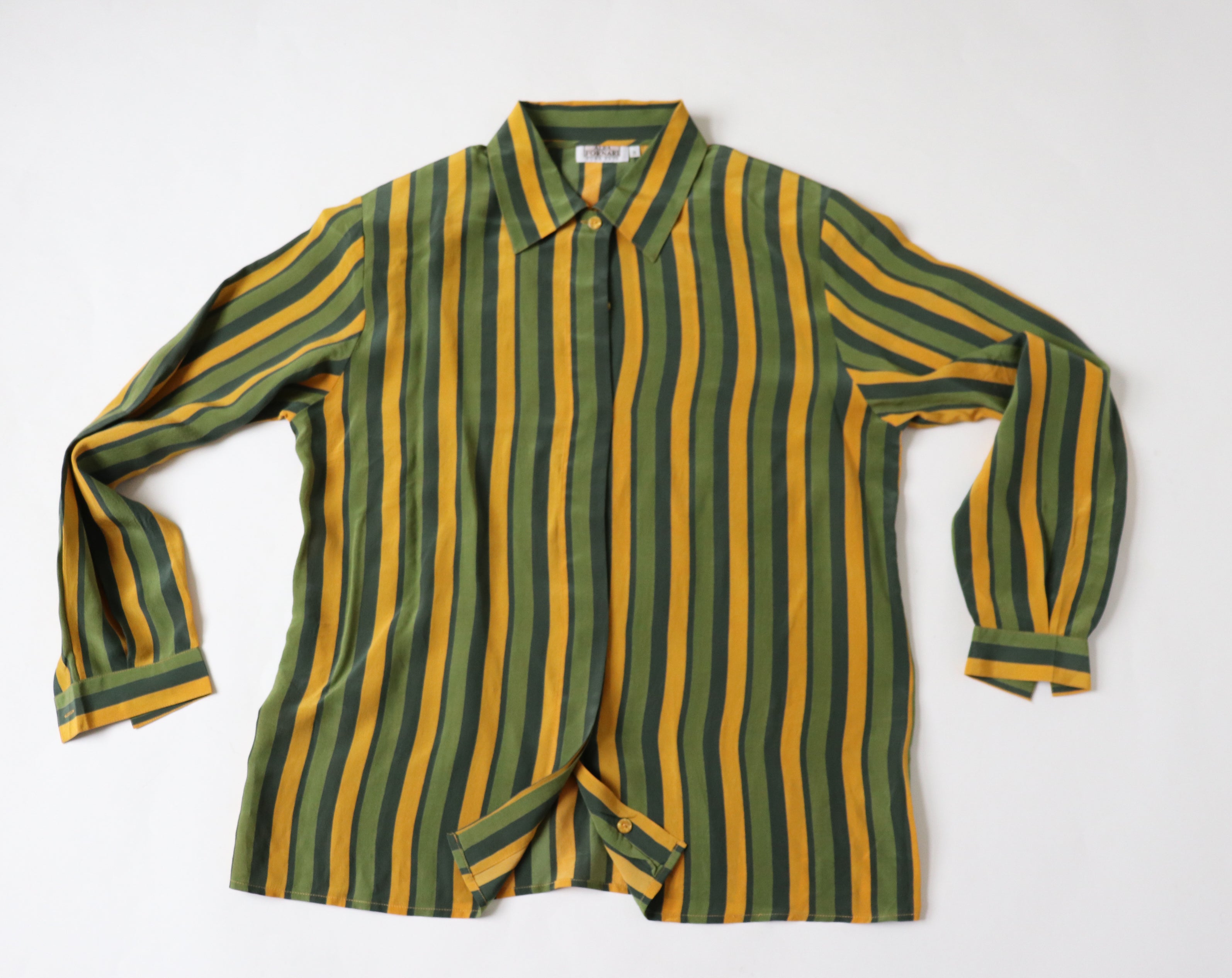 Striped Silk Shirt / Blouse - Long Sleeve - Vintage 1980s - Green / Yellow - M / L - UK 12 / 14