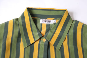 Striped Silk Shirt / Blouse - Long Sleeve - Vintage 1980s - Green / Yellow - M / L - UK 12 / 14