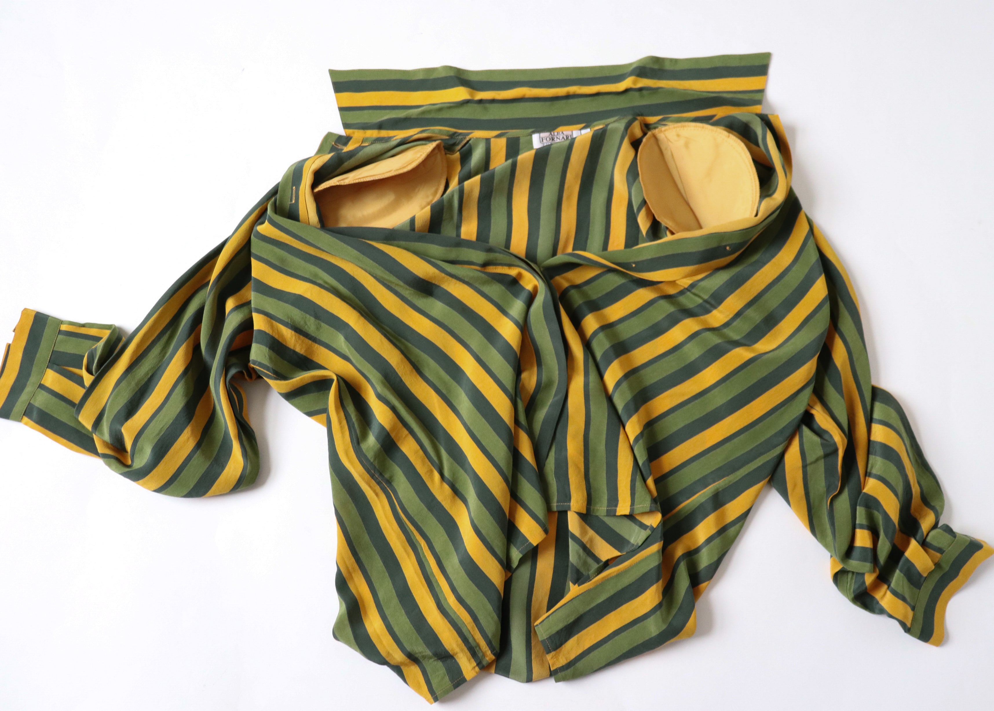 Striped Silk Shirt / Blouse - Long Sleeve - Vintage 1980s - Green / Yellow - M / L - UK 12 / 14