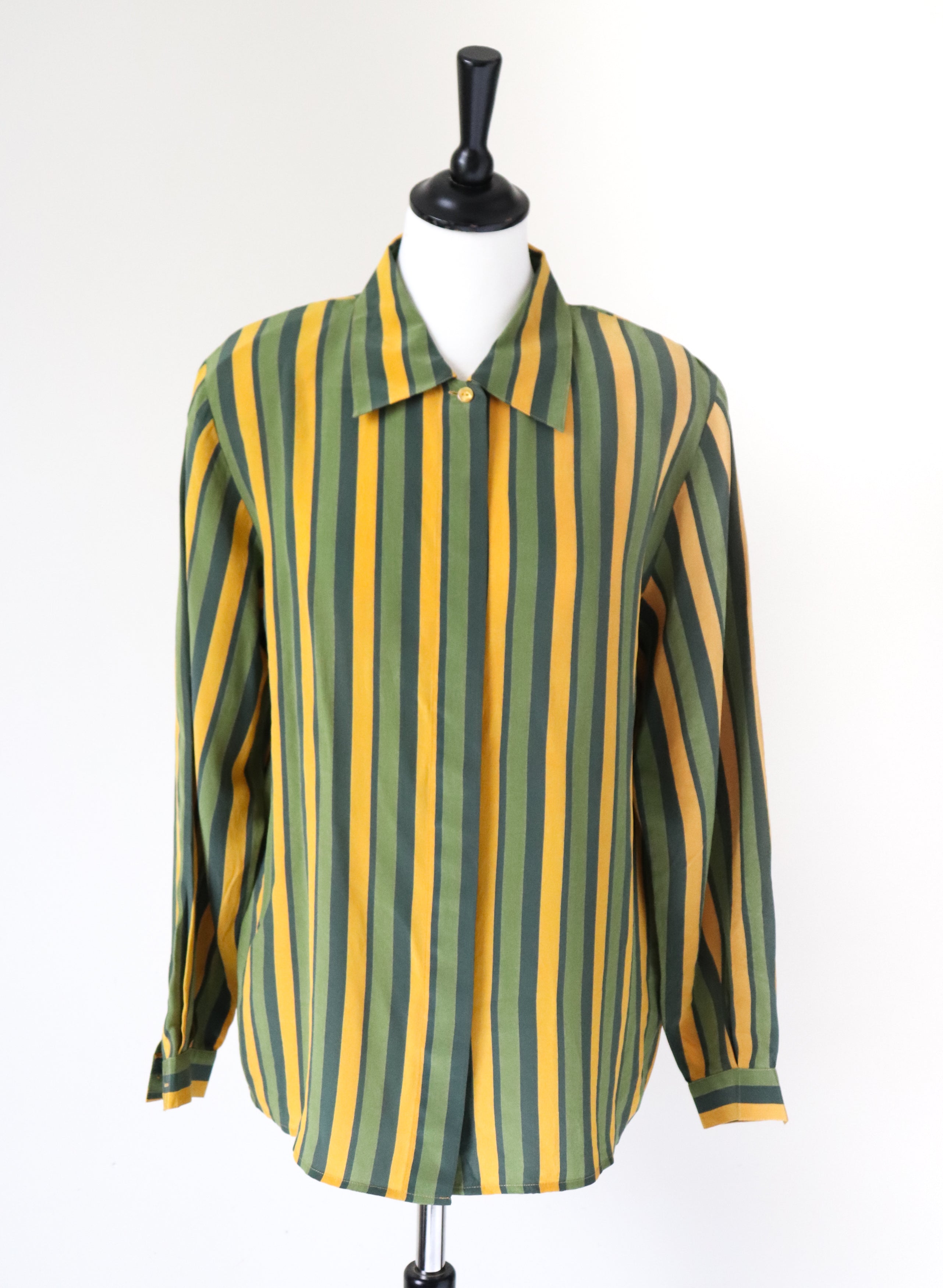 Striped Silk Shirt / Blouse - Long Sleeve - Vintage 1980s - Green / Yellow - M / L - UK 12 / 14