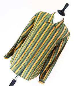 Striped Silk Shirt / Blouse - Long Sleeve - Vintage 1980s - Green / Yellow - M / L - UK 12 / 14