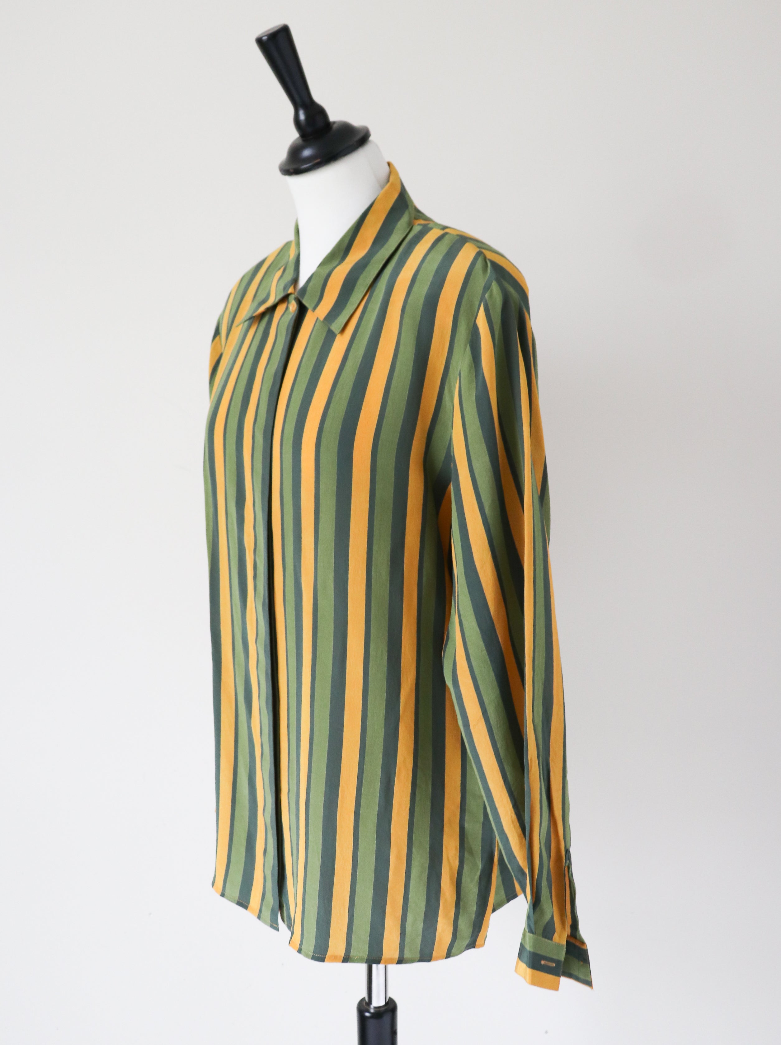 Striped Silk Shirt / Blouse - Long Sleeve - Vintage 1980s - Green / Yellow - M / L - UK 12 / 14