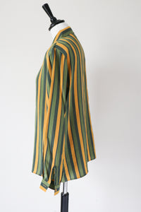 Striped Silk Shirt / Blouse - Long Sleeve - Vintage 1980s - Green / Yellow - M / L - UK 12 / 14