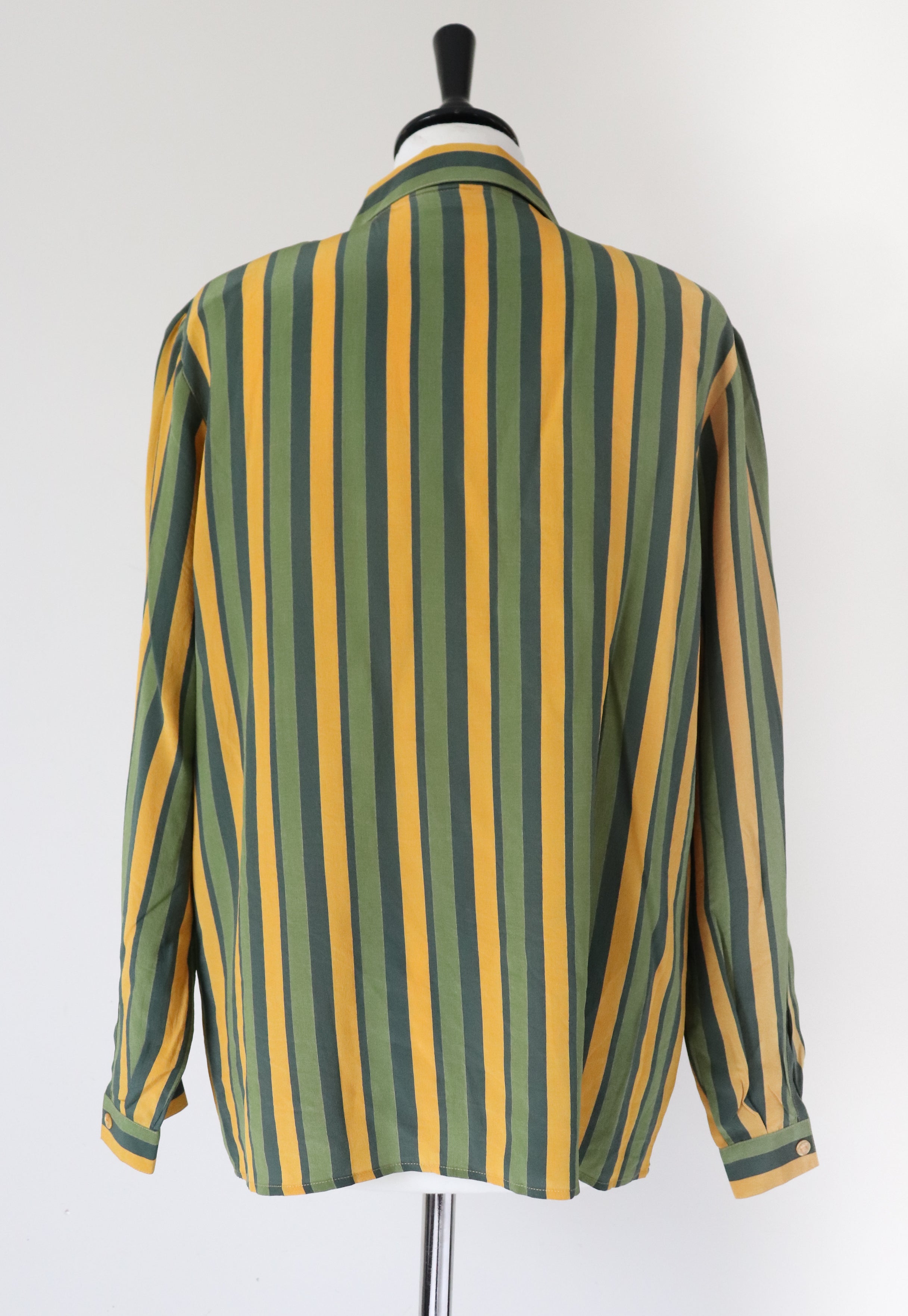 Striped Silk Shirt / Blouse - Long Sleeve - Vintage 1980s - Green / Yellow - M / L - UK 12 / 14