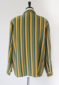 Striped Silk Shirt / Blouse - Long Sleeve - Vintage 1980s - Green / Yellow - M / L - UK 12 / 14