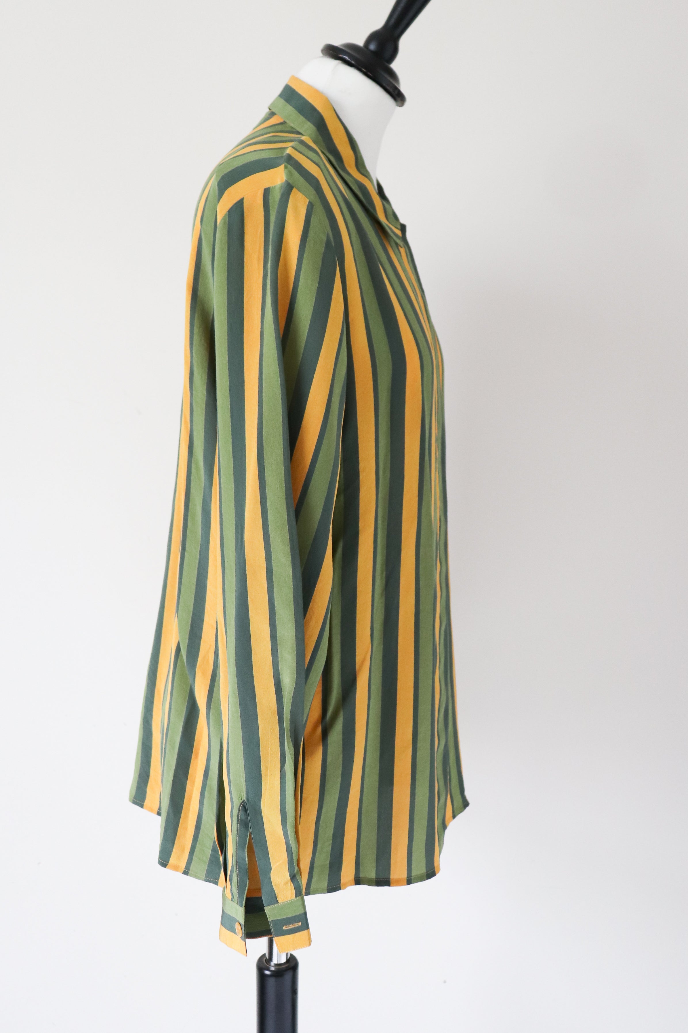 Striped Silk Shirt / Blouse - Long Sleeve - Vintage 1980s - Green / Yellow - M / L - UK 12 / 14