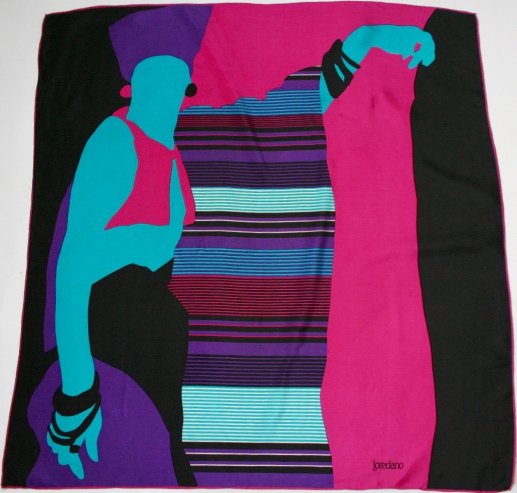 Loredano - 1980s Fashion Graphic Art Silk Scarf - Medium