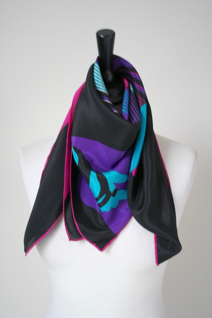 Loredano - 1980s Fashion Graphic Art Silk Scarf - Medium