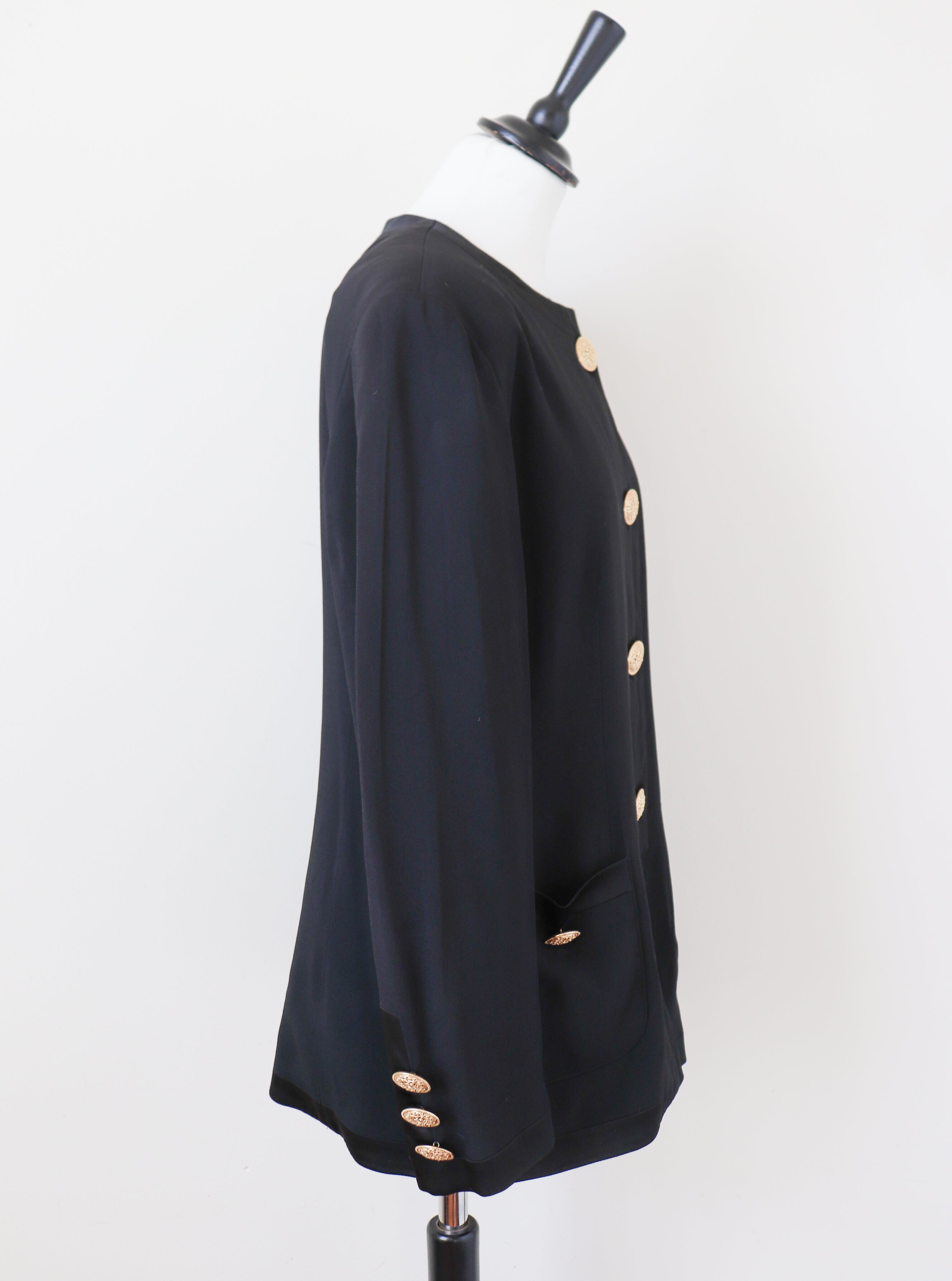 Elegance Black Collarless Jacket - Vintage 1990s - Fit UK 12 / M
