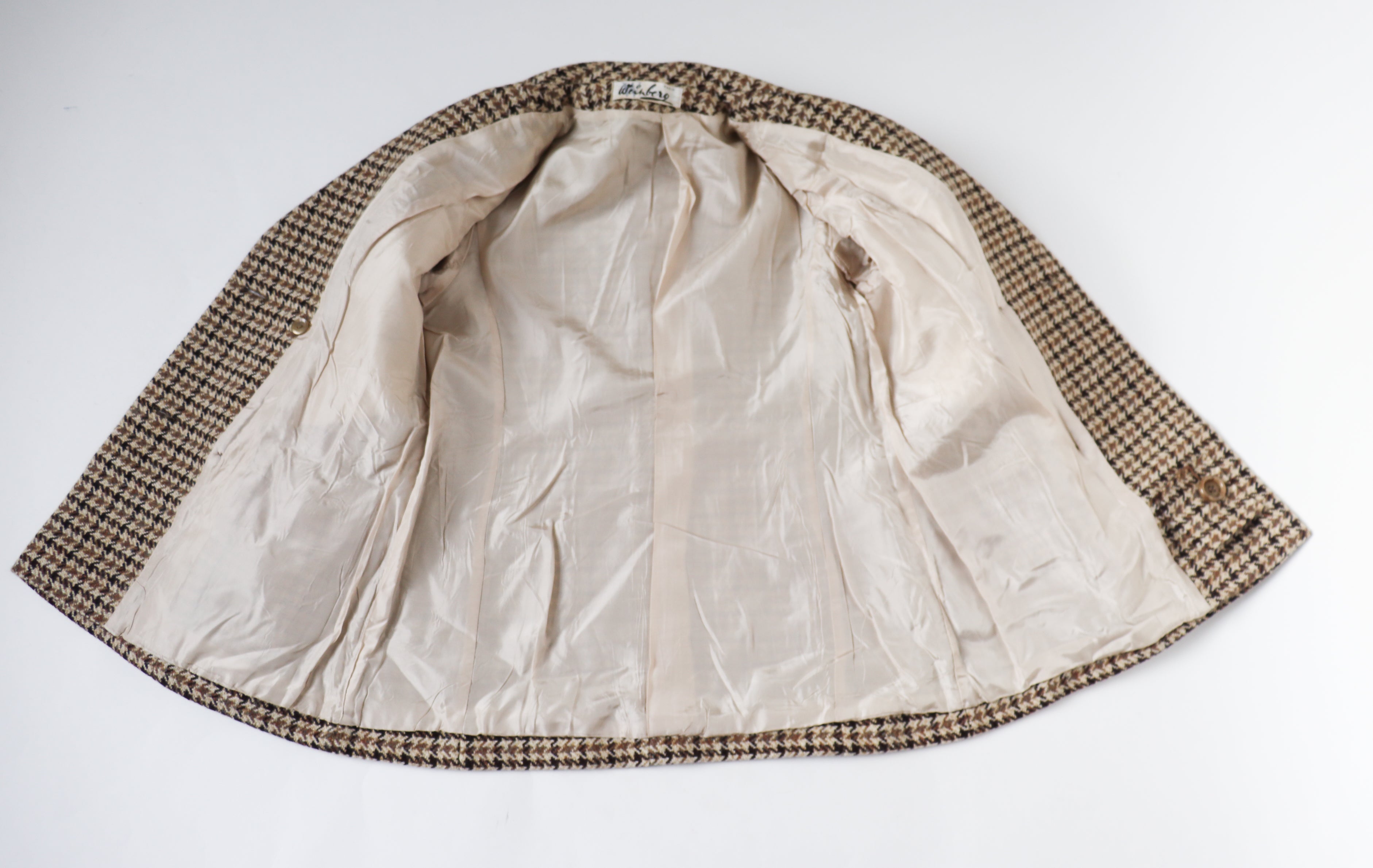Heavy Pea Coat Jacket - Brown / Beige Check - Wool - Vintage - M / UK 12