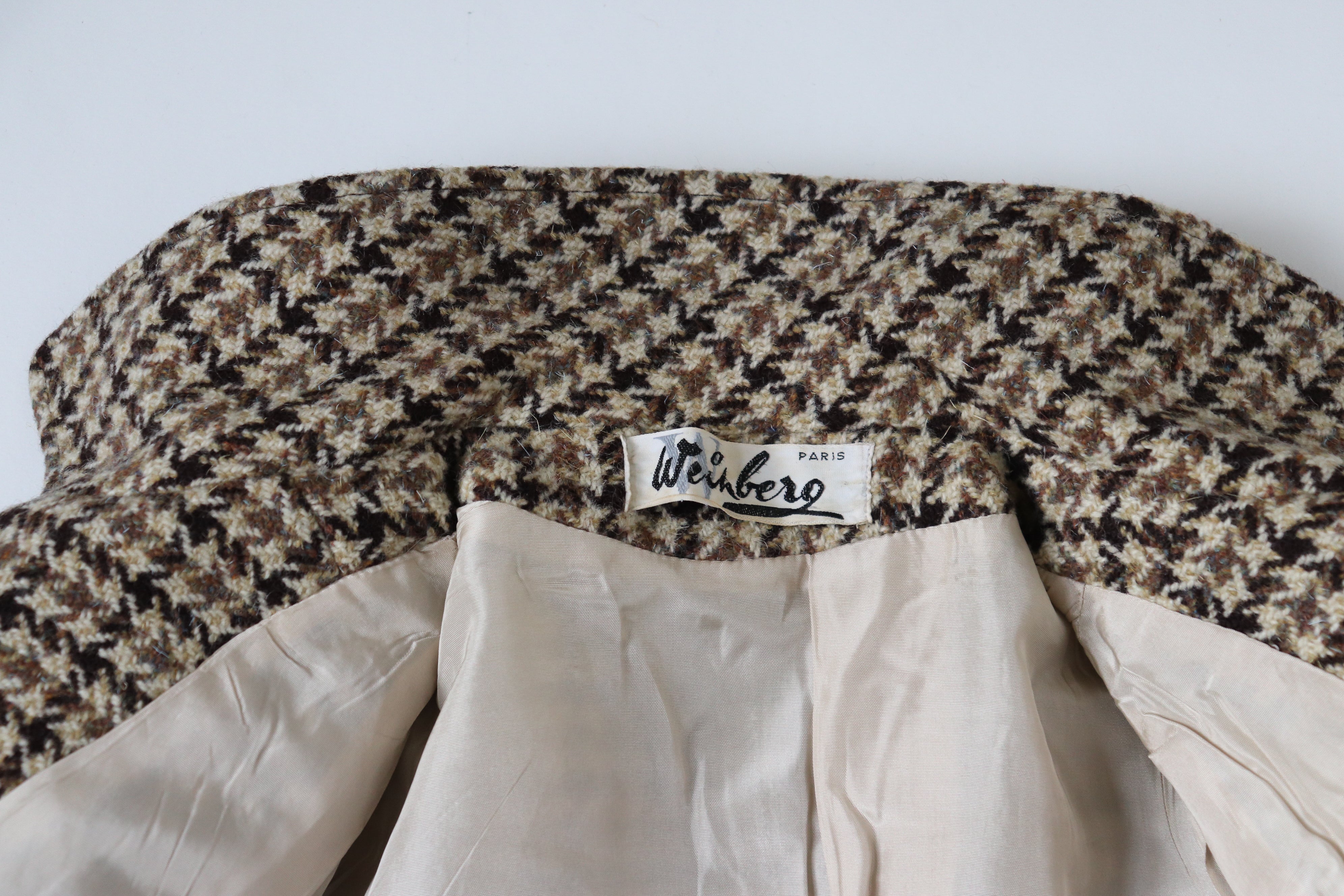 Heavy Pea Coat Jacket - Brown / Beige Check - Wool - Vintage - M / UK 12