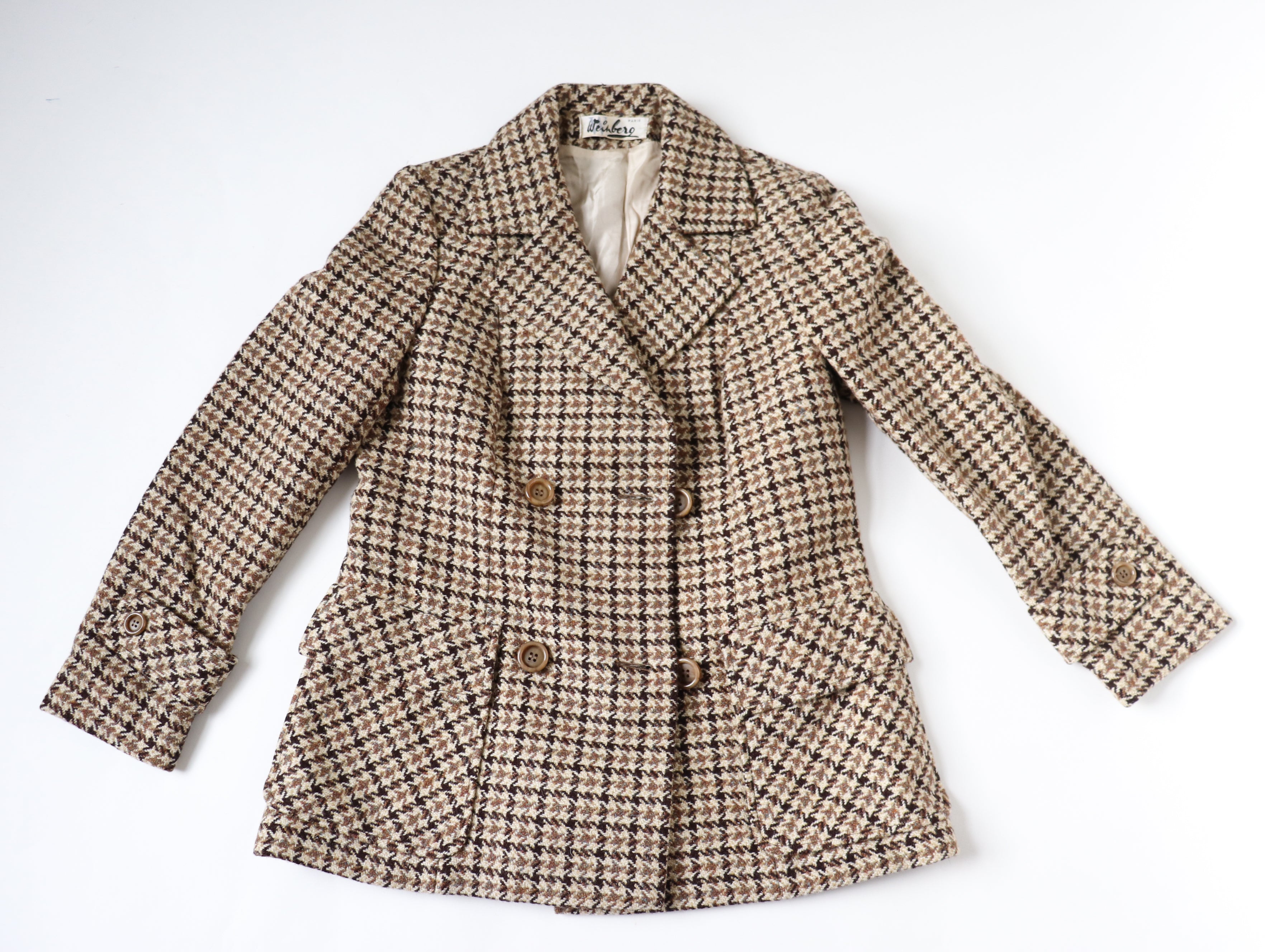 Heavy Pea Coat Jacket - Brown / Beige Check - Wool - Vintage - M / UK 12