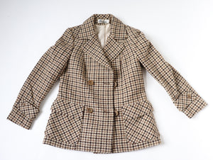 Heavy Pea Coat Jacket - Brown / Beige Check - Wool - Vintage - M / UK 12