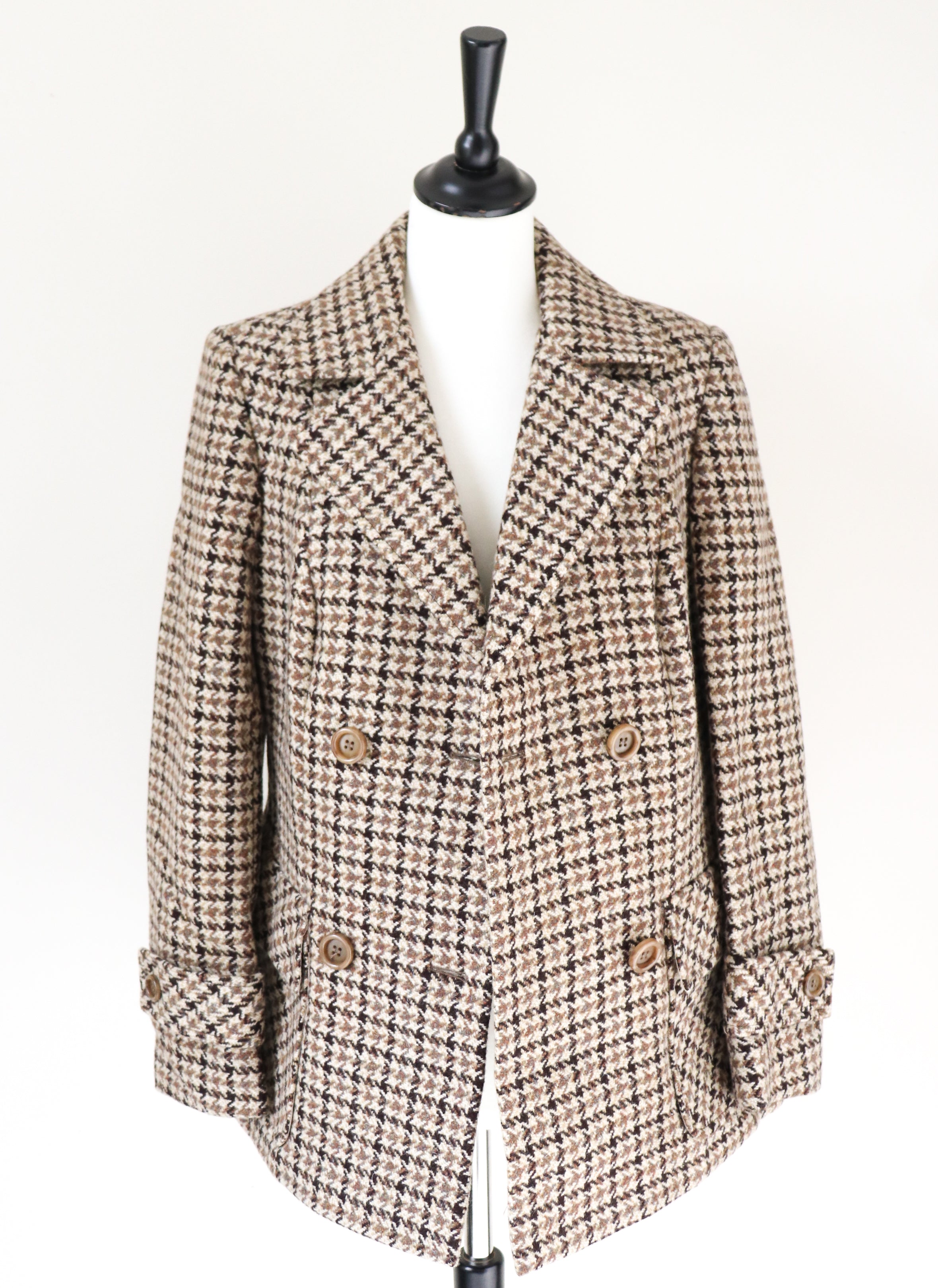 Heavy Pea Coat  Jacket - Brown / Beige Check - Wool - Vintage - M / UK 12