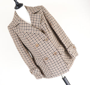 Heavy Pea Coat Jacket - Brown / Beige Check - Wool - Vintage - M / UK 12