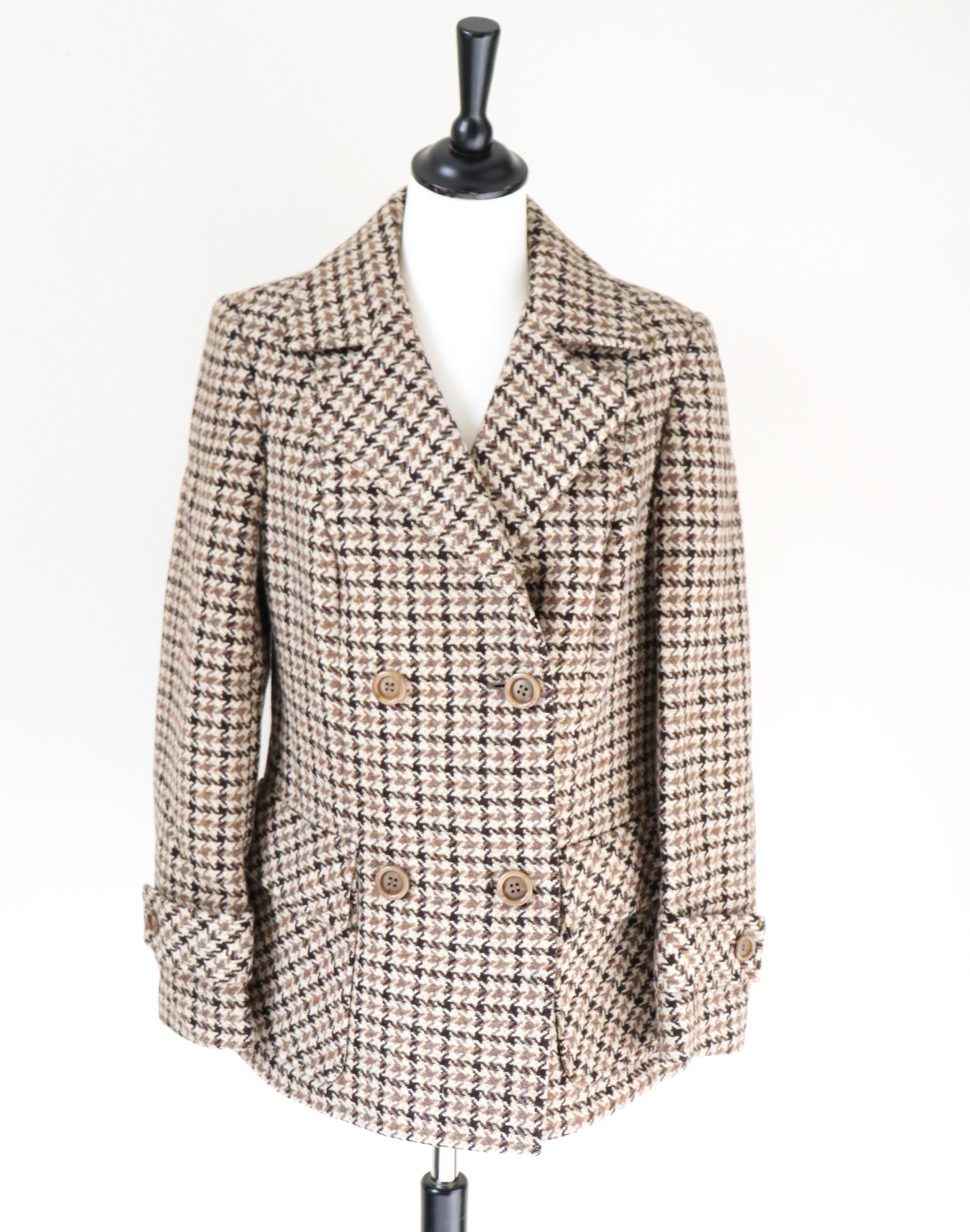 Heavy Pea Coat  Jacket - Brown / Beige Check - Wool - Vintage - M / UK 12