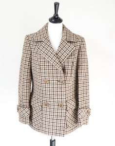 Heavy Pea Coat Jacket - Brown / Beige Check - Wool - Vintage - M / UK 12