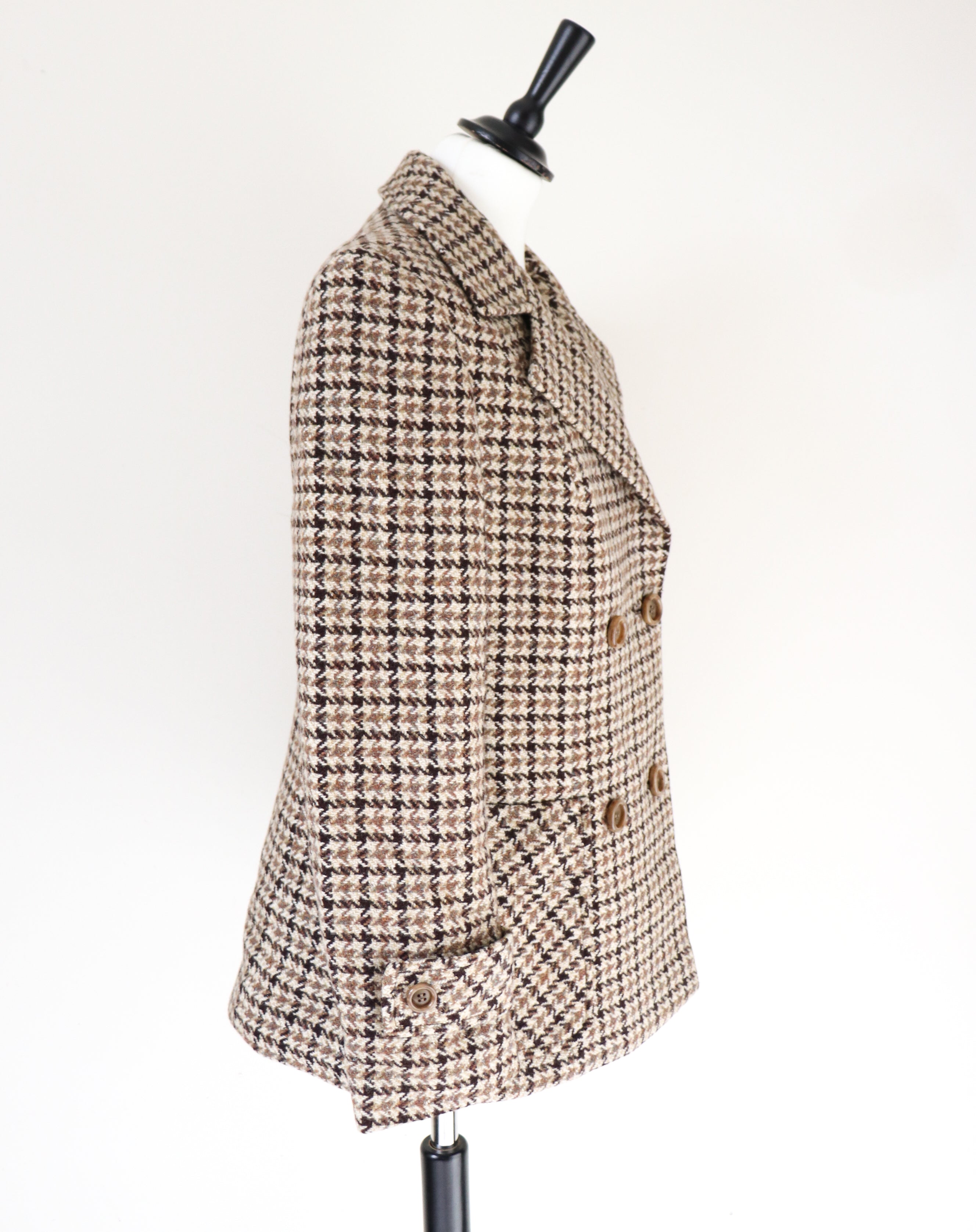 Heavy Pea Coat Jacket - Brown / Beige Check - Wool - Vintage - M / UK 12