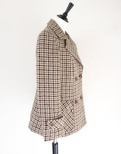 Heavy Pea Coat Jacket - Brown / Beige Check - Wool - Vintage - M / UK 12