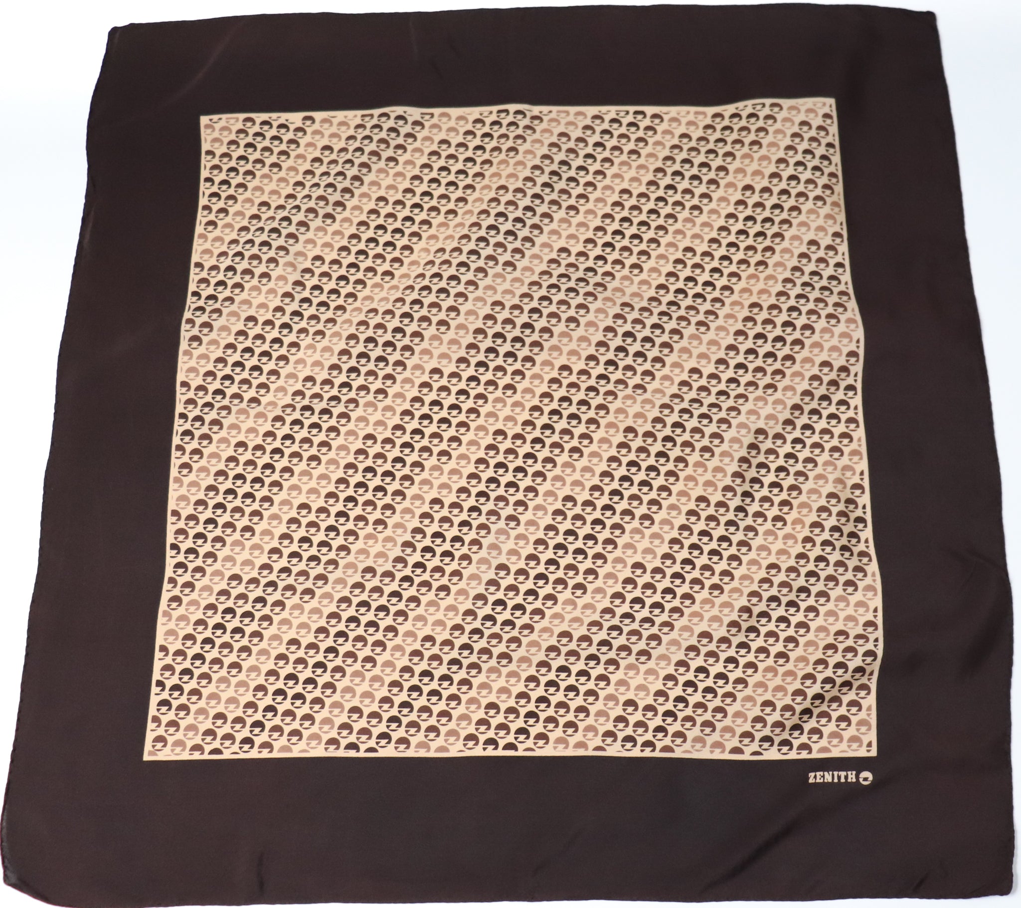 ZENITH Vintage Silk Scarf - 1980s Geometric Logo Print - Brown - LARGE