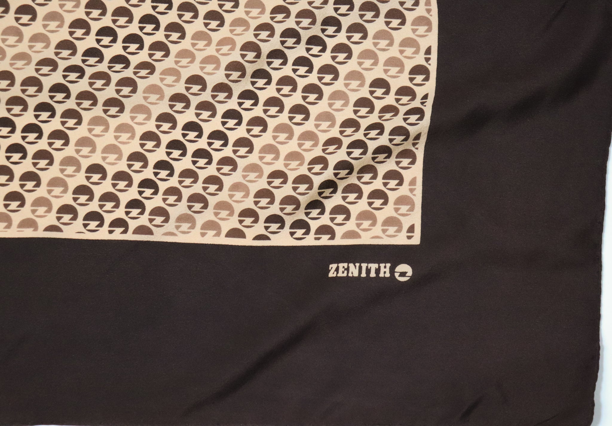 ZENITH Vintage Silk Scarf - 1980s Geometric Logo Print - Brown - LARGE