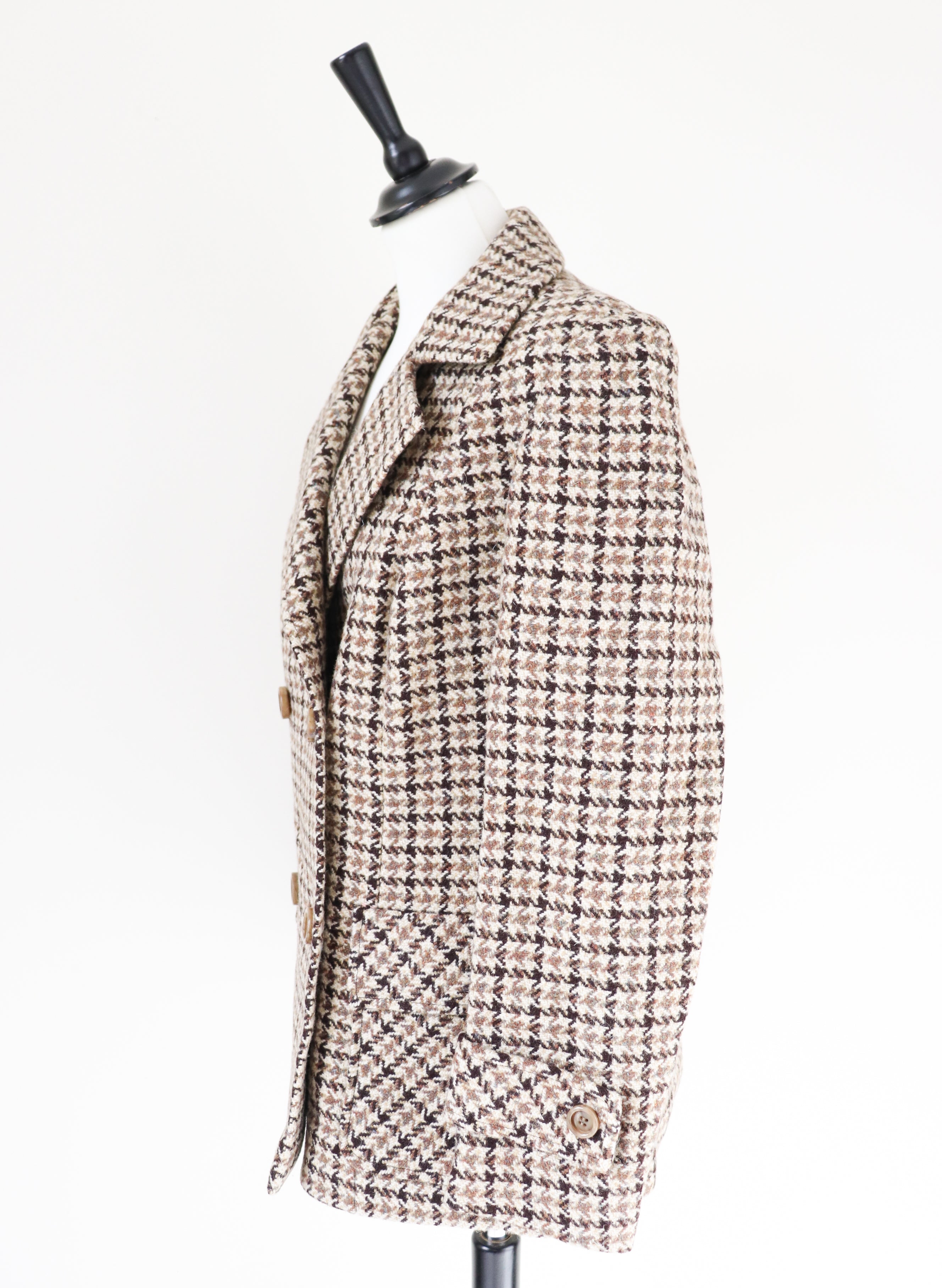 Heavy Pea Coat Jacket - Brown / Beige Check - Wool - Vintage - M / UK 12