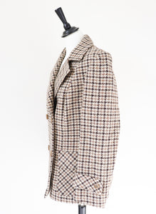 Heavy Pea Coat Jacket - Brown / Beige Check - Wool - Vintage - M / UK 12