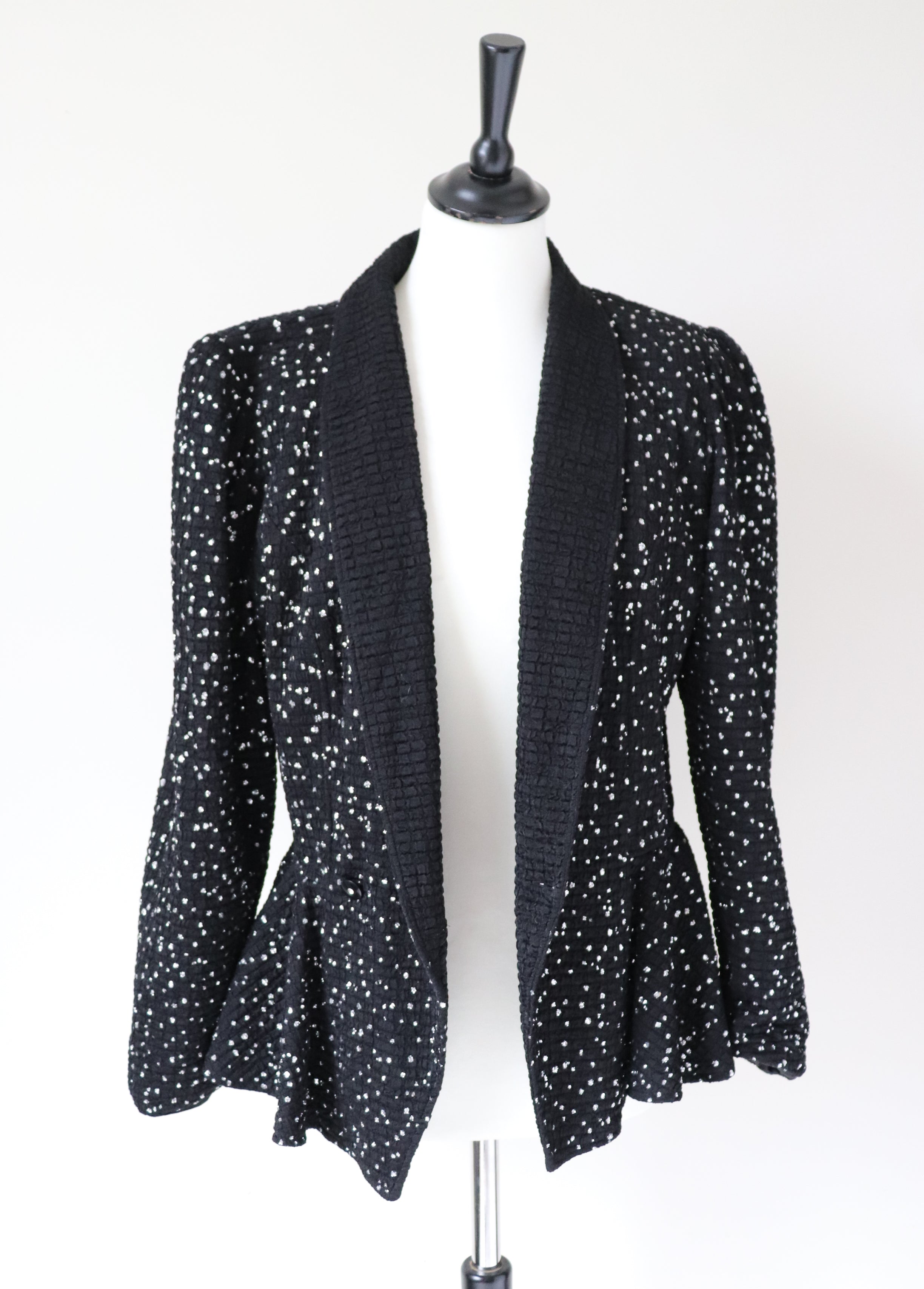 Glitter Black Stretchy Peplum Jacket - Showgirl / Disco - 1980s Vintage - M / UK 12