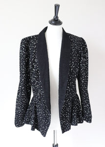Glitter Black Stretchy Peplum Jacket - Showgirl / Disco - 1980s Vintage - M / UK 12