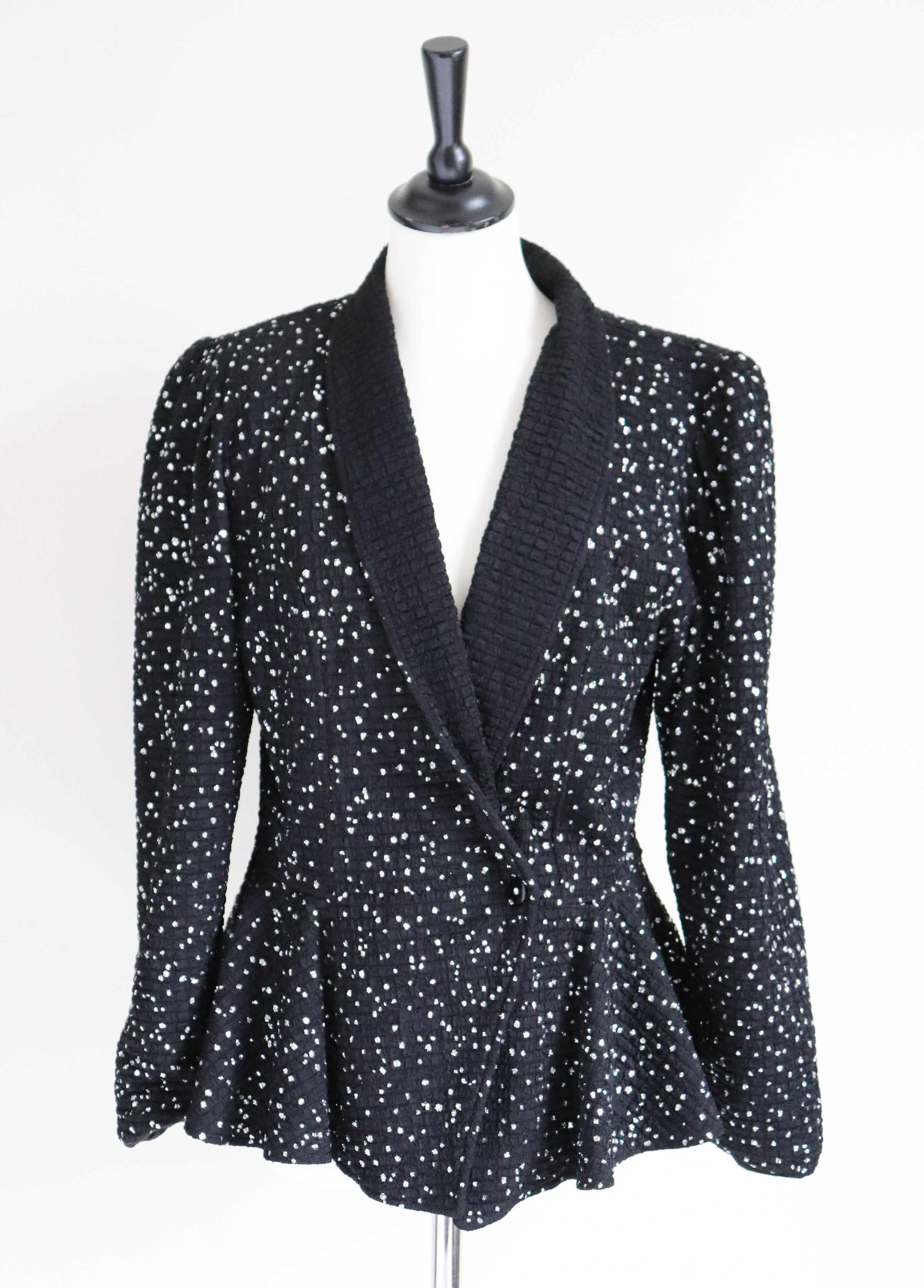 Glitter Black Stretchy Peplum Jacket - Showgirl / Disco - 1980s Vintage - M / UK 12