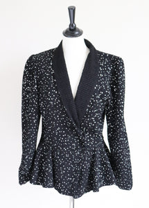 Glitter Black Stretchy Peplum Jacket - Showgirl / Disco - 1980s Vintage - M / UK 12
