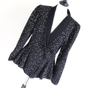 Glitter Black Stretchy Peplum Jacket - Showgirl / Disco - 1980s Vintage - M / UK 12
