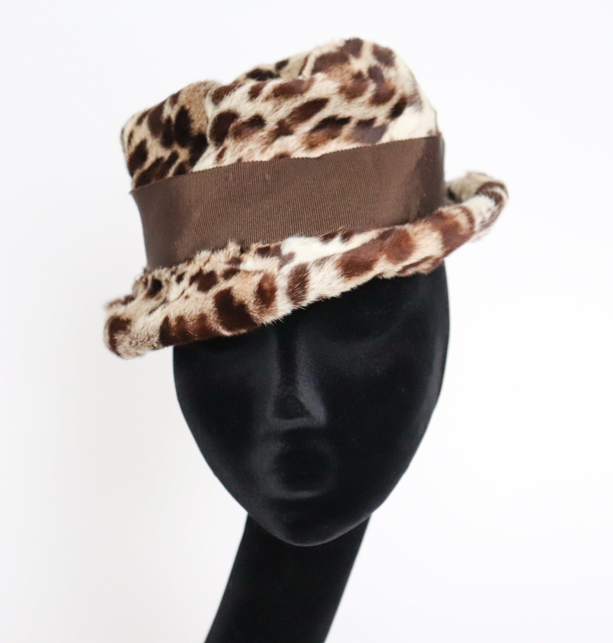Leopard Print Fur Hat - Small Brim Hat - 1960s Brown - XS / Small
