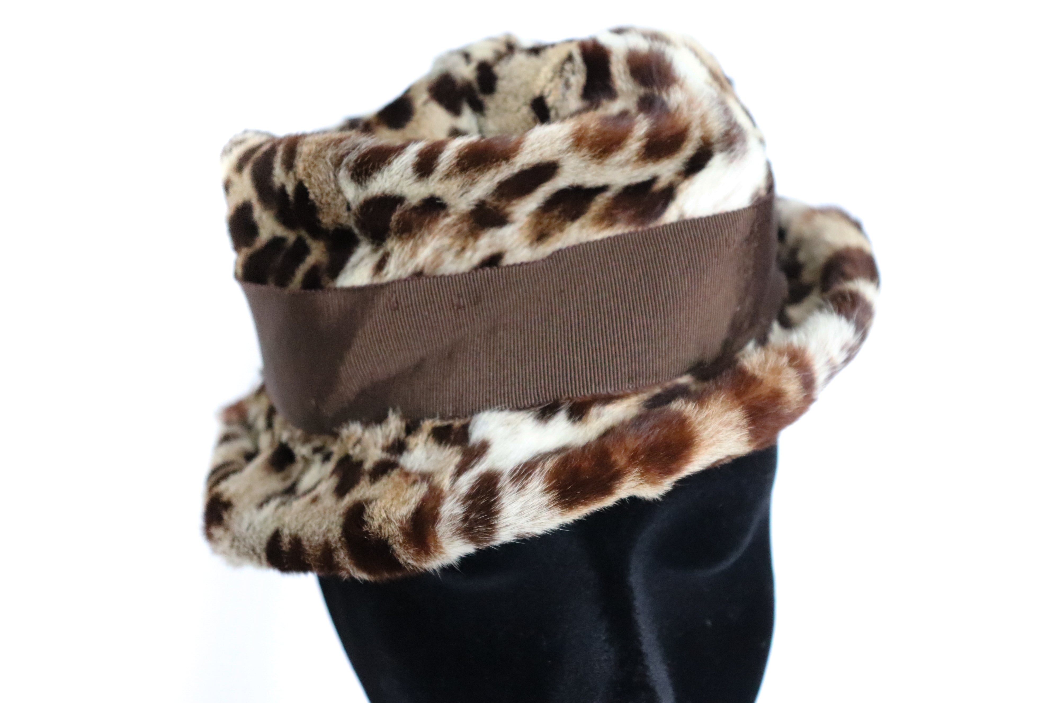 Leopard Print Fur Hat - Small Brim Hat - 1960s Brown - XS / Small