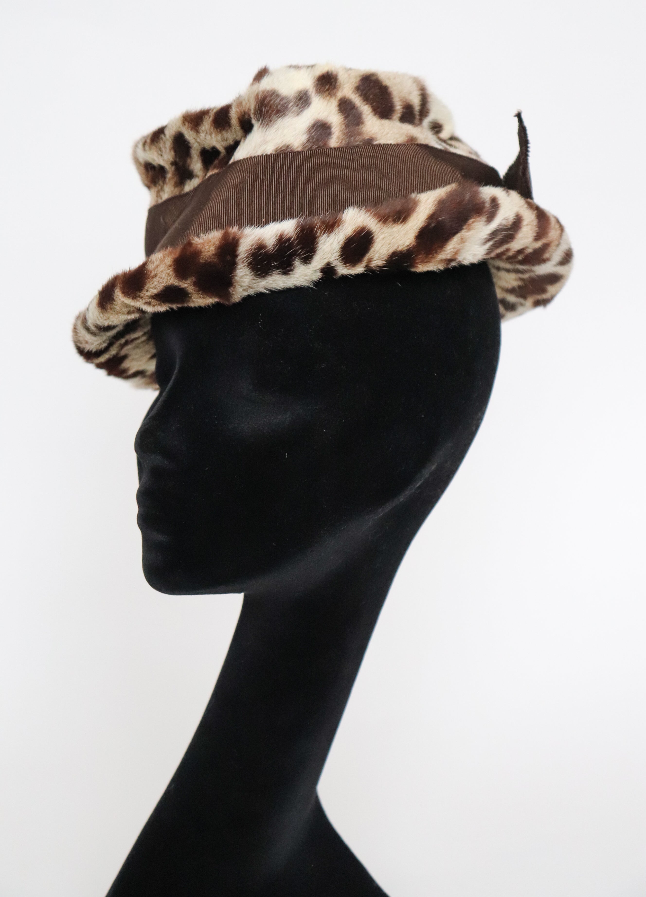 Leopard Print Fur Hat - Small Brim Hat - 1960s Brown - XS / Small