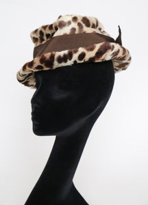 Leopard Print Fur Hat - Small Brim Hat - 1960s Brown - XS / Small