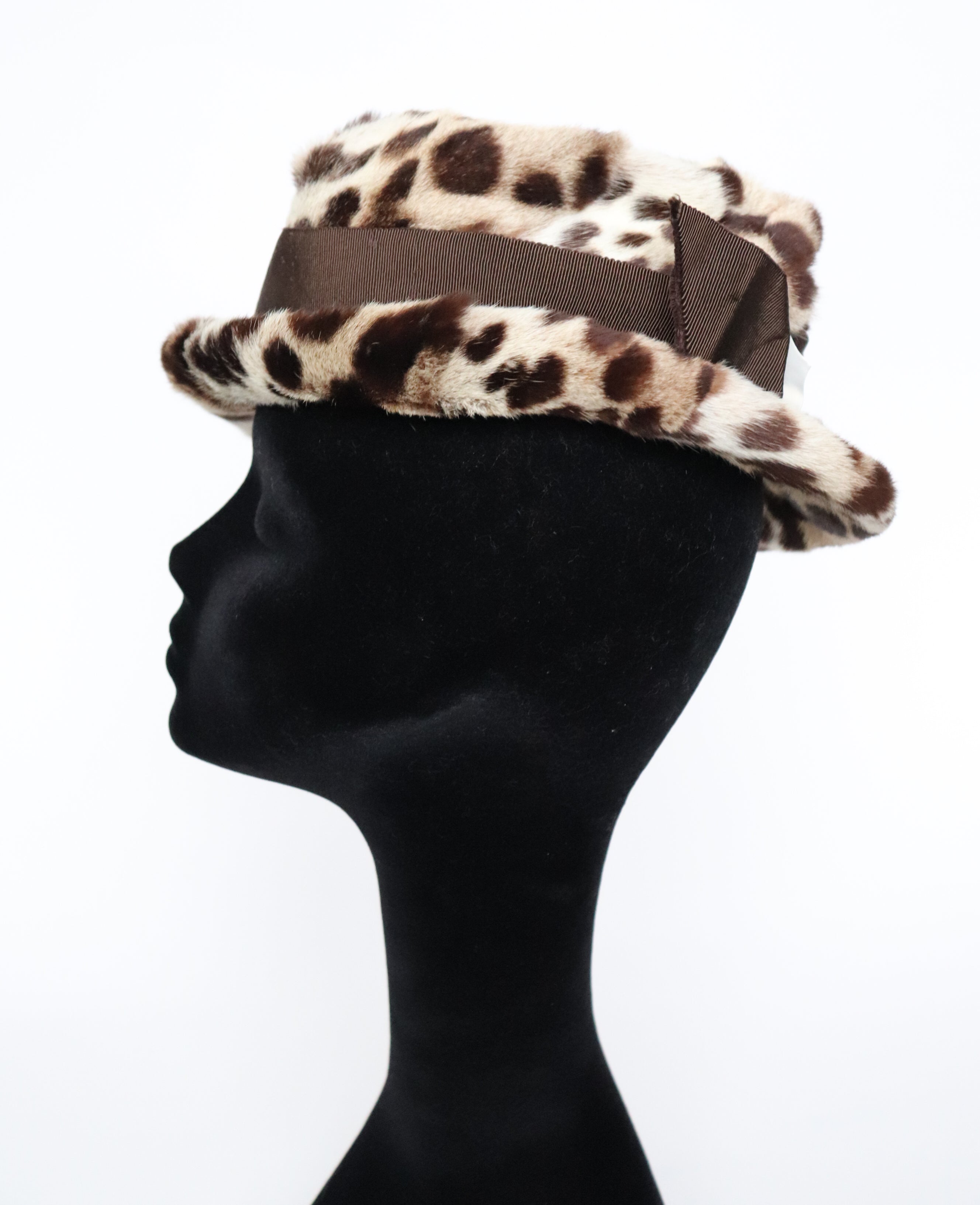 Leopard Print Fur Hat - Small Brim Hat - 1960s Brown - XS / Small