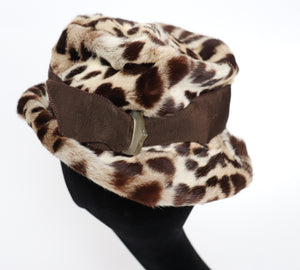 Leopard Print Fur Hat - Small Brim Hat - 1960s Brown - XS / Small