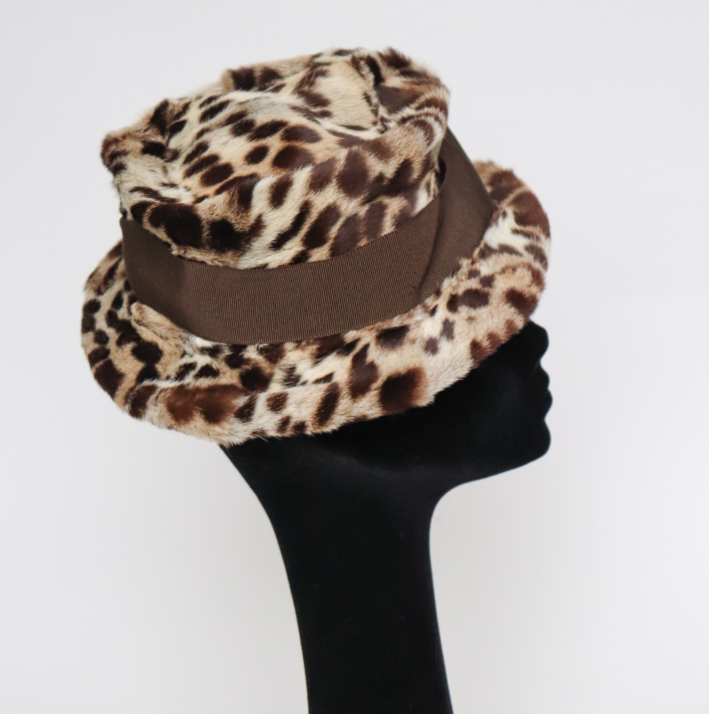 Leopard Print Fur Hat - Small Brim Hat - 1960s Brown - XS / Small