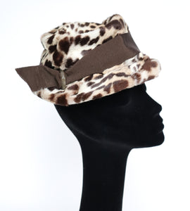 Leopard Print Fur Hat - Small Brim Hat - 1960s Brown - XS / Small