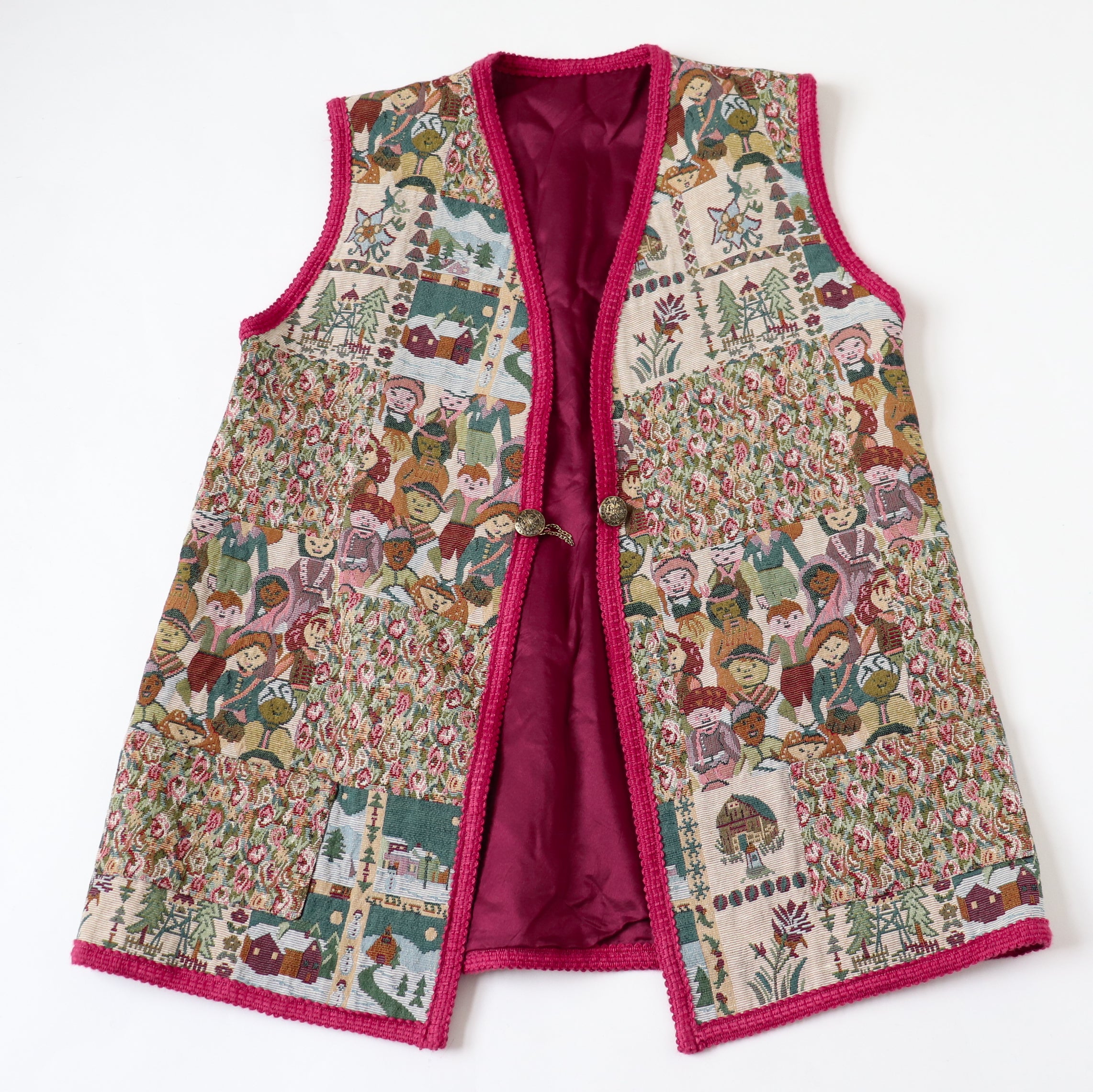Woven Tapestry Long Waistcoat / Gilet - Vintage 1980s - L / XL - UK 14 / 16