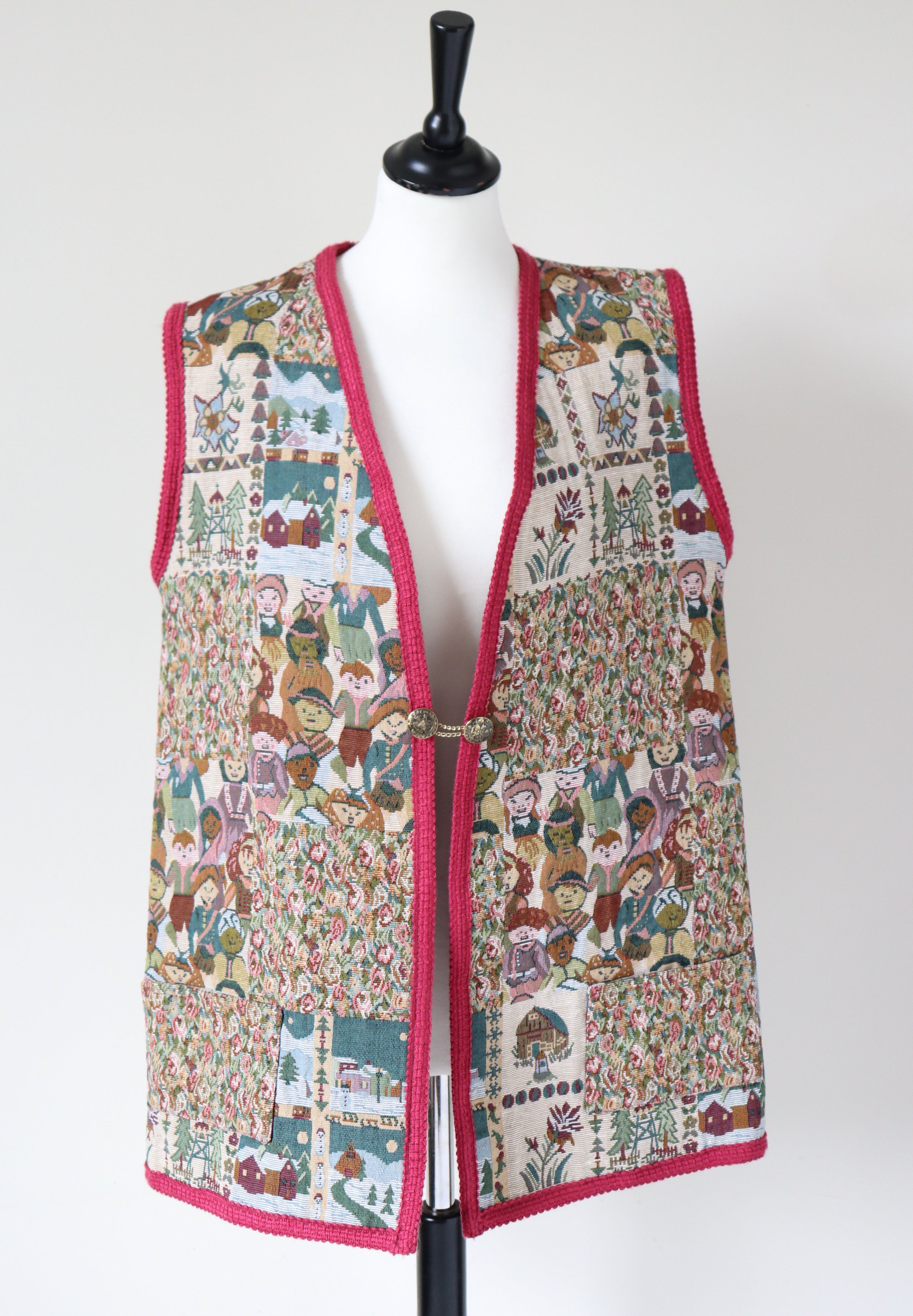 Woven Tapestry Long Waistcoat / Gilet - Vintage 1980s - L / XL - UK 14 / 16