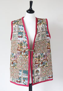 Woven Tapestry Long Waistcoat / Gilet - Vintage 1980s - L / XL - UK 14 / 16