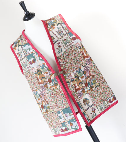 Woven Tapestry Long Waistcoat / Gilet - Vintage 1980s - L / XL - UK 14 / 16